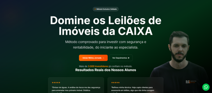 Captura de tela do site para comprar curso sobre leilão da Caixa com design atrativo e informativo